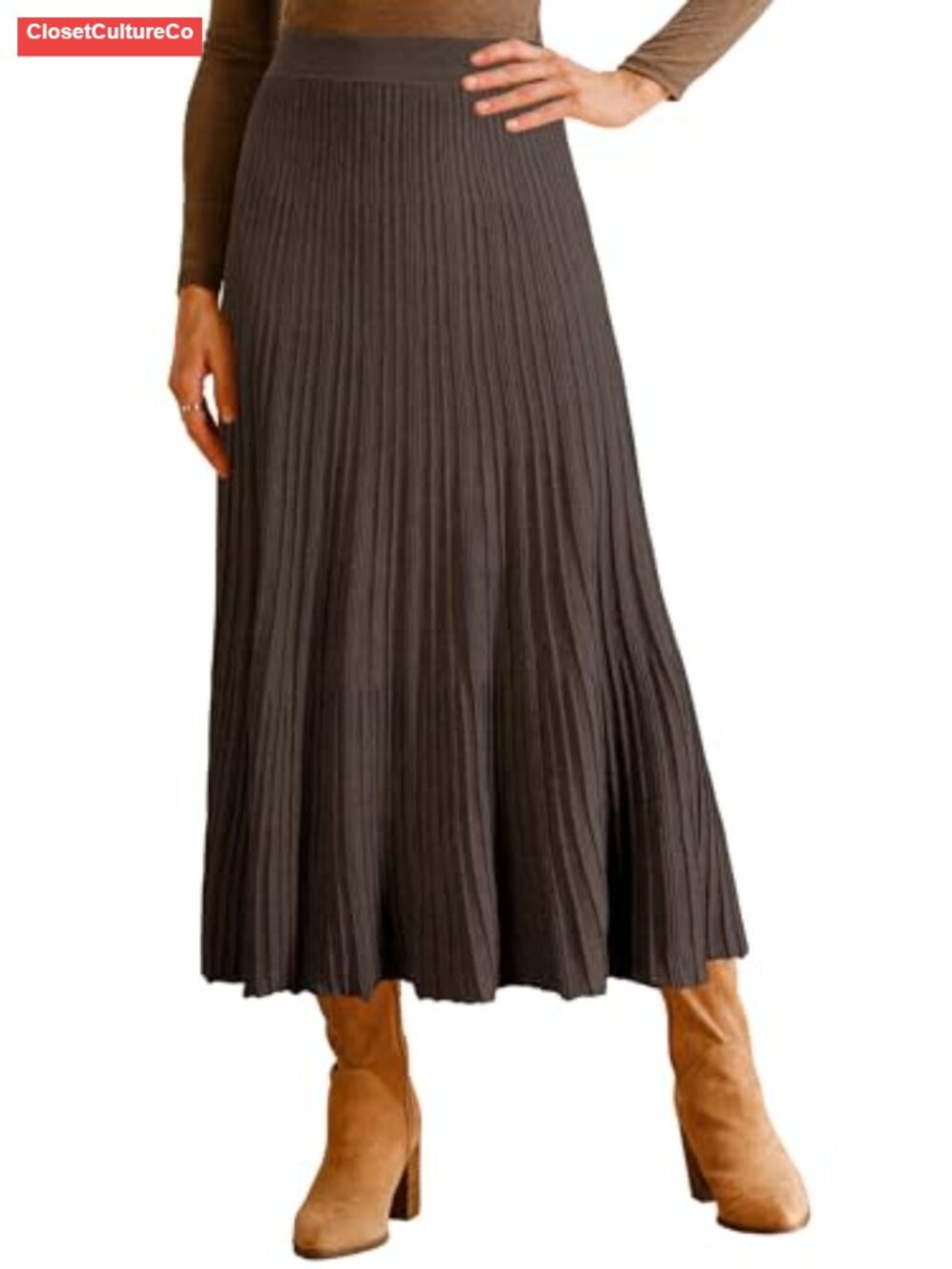 Wool Blend A-Line Pleated Elastic Waist Long Flowy Midi Skirt